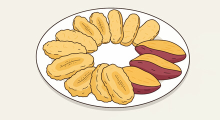 Plate of golden brown fried bananas and sweet potato wedges artfully arranged on a plate hand-drawn illustration for menus cookbooks © Muhammad