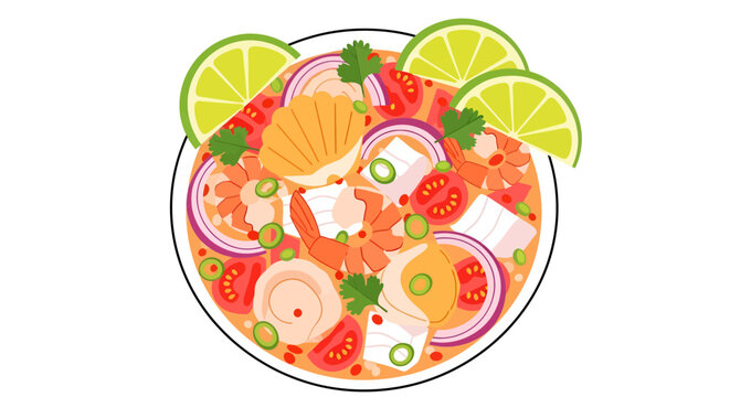 Overhead vector illustration of vibrant Mexican ceviche dish with shrimp fish scallops limes tomatoes and onion