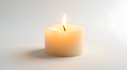 A lit white candle on a neutral background, casting a soft glow and subtle shadow, evoking warmth and tranquility.
