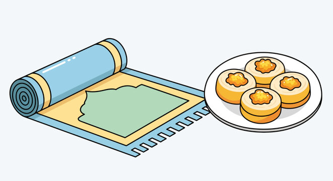 Rolled prayer rug with kibbeh pastries on a plate illustration in isometric style for Islamic holidays and Eid celebrations design