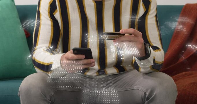 Man tapping smartphone, retrieving card and preparing mobile payment while binary data overlaying