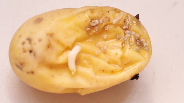 Rotten potatoes with sprouts eaten by caterpillars and larvae feeding, decaying food, natural decomposition, natural organic decay, organic matter, soil, unhealthy produce, insects detailed