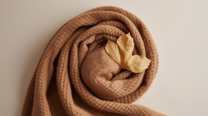 Obraz premium Close-up of a twisted brown knitted scarf with a dried leaf accent, evoking cozy autumn vibes.