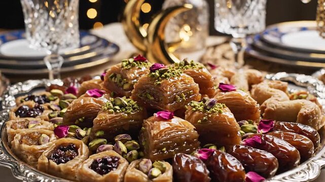 Delicious Middle Eastern sweets and baklava on elegant festive table
