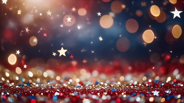 Vibrant starry night background with red glitter and bokeh lights