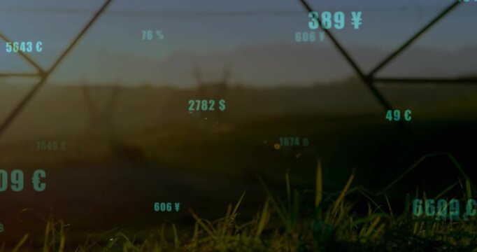 dawn starting teal HUD above grass poles numbers pulsing camera widening showing money power data