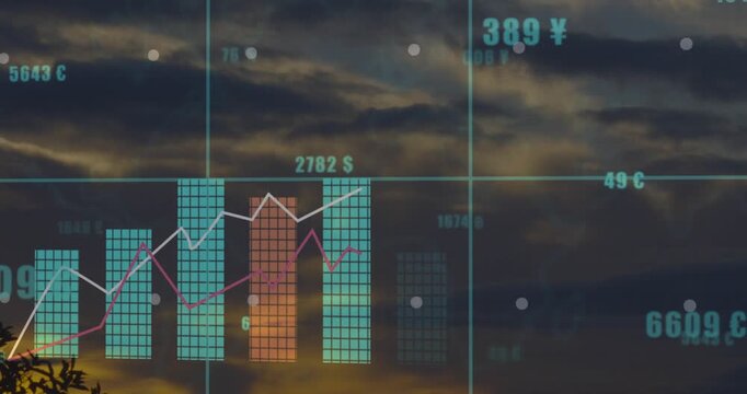 Overlay appearing chart animating left bars and lines rising labels updating showing money growth