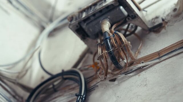 Old Dusty Junction Box with Tangled Wires on Ceiling Close-Up Bottom-Up View | Dirty Electrical Wiring Connection | Residential Building Infrastructure Detail