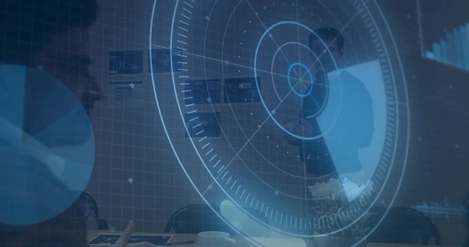 Left colleague placing hands near tablet, causing rotating HUD aligning data for business planning