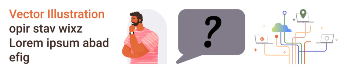 Decision-making, tech innovation, communication, problem-solving, networking, digital connectivity. A person thinking with a question mark and abstract digital connections. Decision-making and tech