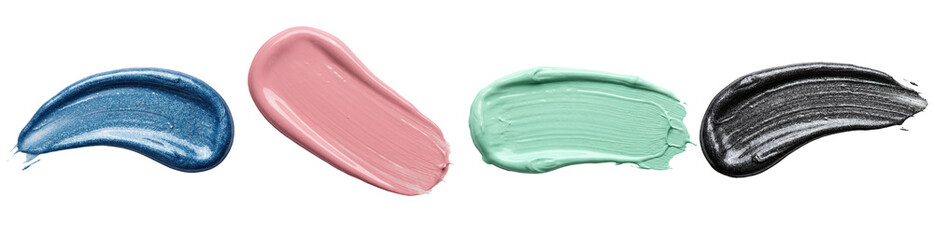 realistic photograph of diverse vibrant acrylic paint brush strokes in blue, pink, mint green, and metallic black colors.