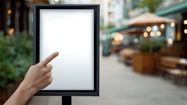 Self service screen mockup. Hand pointing at vertical white blank touch screen kiosk or tablet for food ordering or restaurant menu promotion information advertising design