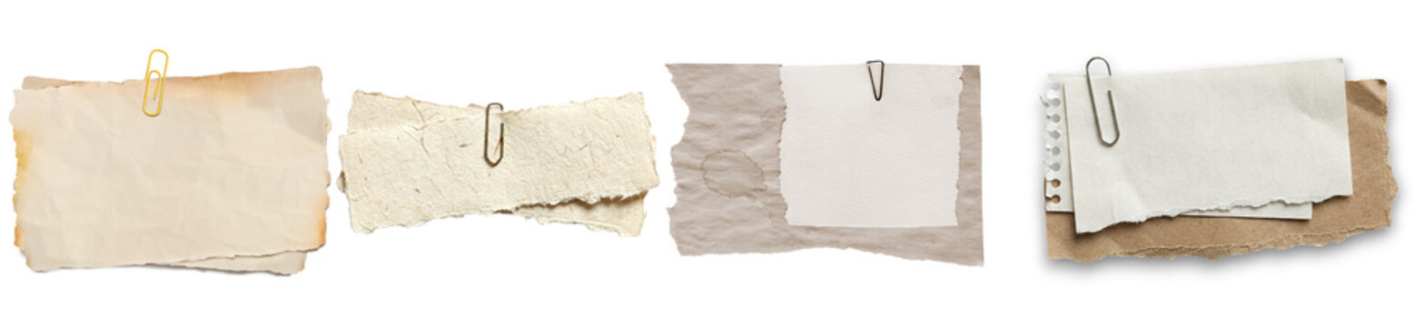 collection of various torn, vintage-style paper scraps with metallic paper clips against a clean background.