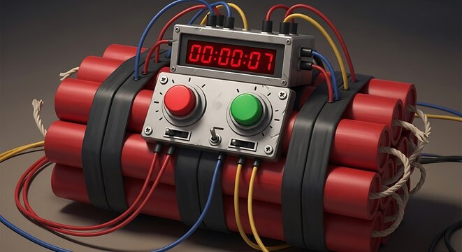 Ticking Time Bomb with Red and Green Buttons.