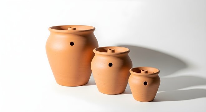 Eco-friendly terracotta ollas for sustainable garden irrigation, promoting efficient water use and plant growth in a natural, earthy setting