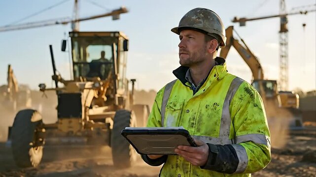 Focused Construction Worker in Bright Yellow Safety Jacket and Hard Hat Reviews Tablet on Busy Worksite with Heavy Machinery and Cranes Under Clear