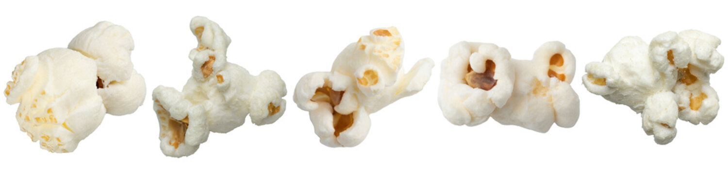 close-up photograph of individual fluffy, white popcorn kernels, perfectly isolated on a transparent background.