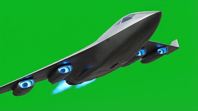 Futuristic Stealth Jet Aircraft With Blue Engine Glow Accelerates Forward On Green Screen Background
