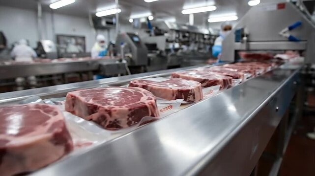Food Production Line with Packaged Meat Steaks Moving on a Conveyor Belt Under Bright Industrial Lighting in a Clean Factory Environment