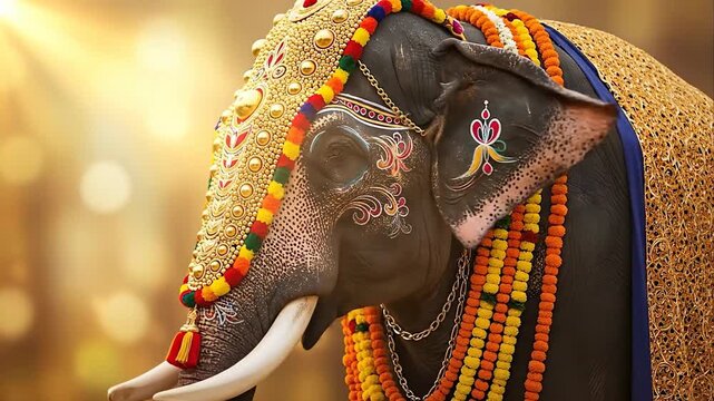 Majestic Indian Elephant Adorned With Gold And Colorful Garlands During A Festival Celebration With Soft Golden Bokeh Background Light