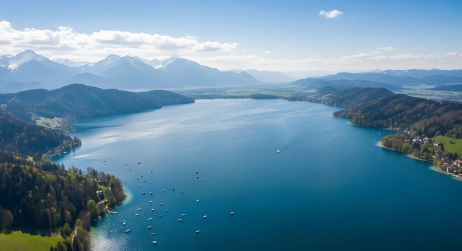 Aerial view captures vast blue lake nestled among rolling hills and distant snowcapped mountains under a bright sky