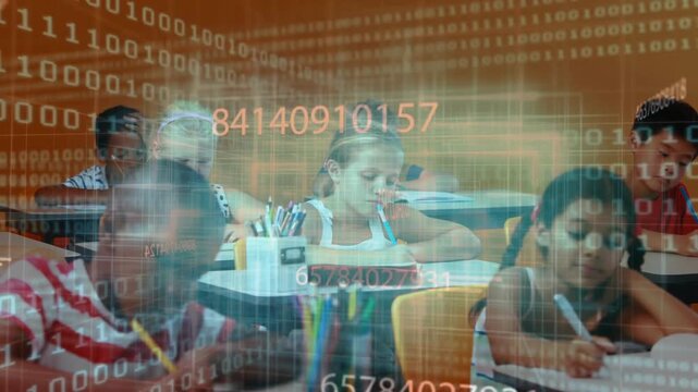 Students starting writing task, pencils moving as code overlay scrolling over pages and growing