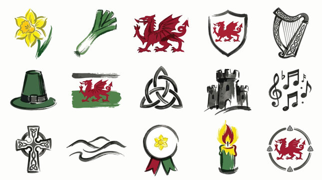 Collection of Welsh cultural symbols including a daffodil, leek, dragon, harp, castle, and Celtic knotwork.