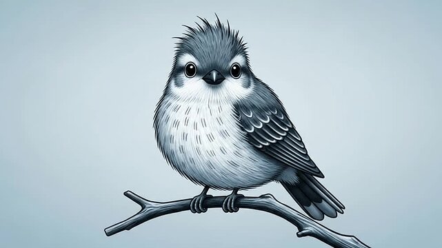 A cute cartoon bird with ruffled feathers perched on a tree branch