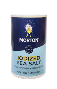 New Jersey USA - November 20, 2021:  A container of Morton Iodized Sea Salt on a transparent background.