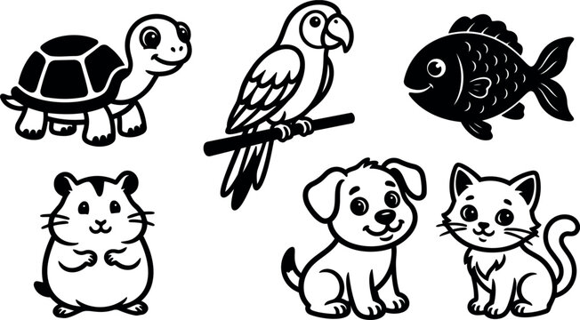 Cartoon line art adorable pet icons turtle parrot fish hamster puppy kitten sitting smiling simple vector set outline collection cute