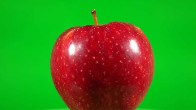 A vibrant red apple with a small stem stands prominently against a bright green
