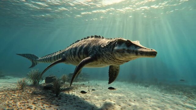 Dynamic Prehistoric Marine Reptile Swims in Ancient Ocean
