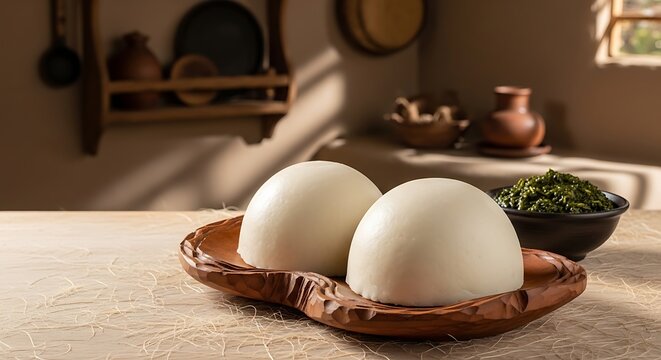 ugali (boko), staple food of Burundi, smooth elastic maize flour dough with creamy white color, molded into perfect dome shape, arranged on irregular handmade carved wooden plate. 