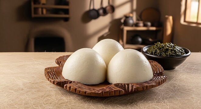 ugali (boko), staple food of Burundi, smooth elastic maize flour dough with creamy white color, molded into perfect dome shape, arranged on irregular handmade carved wooden plate. 