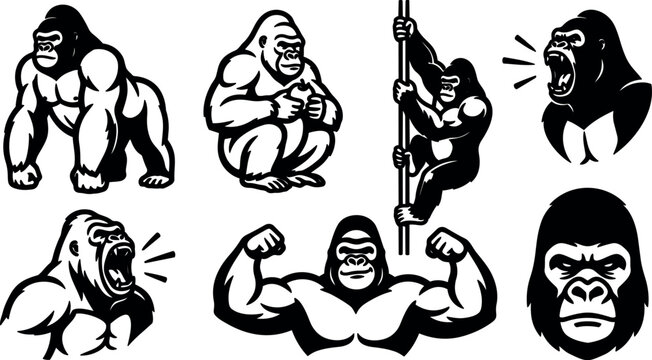 Tattoo flash gorilla mascot vector set multiple poses roaring climbing flexing sitting close up bold black line art isolated icons