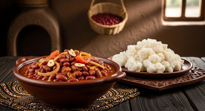 ibiharage, national dish of Burundi, red kidney beans cooked and saut&eacute;ed with golden onion, minced garlic, and tomato, presented in handmade brown clay bowl. 