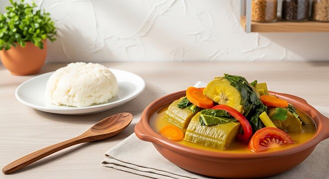 agatogo, traditional green banana (matoke) stew in large chunks, cooked with orange carrot, red bell pepper, tomato, and collard greens, in terracotta ceramic bowl. 