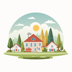 Naklejka premium Charming village scene with houses and trees under a sunny sky