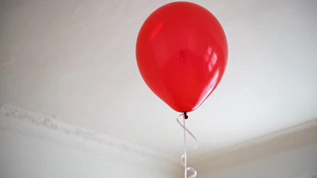 Red balloon floating in a white room with a string tied to it.