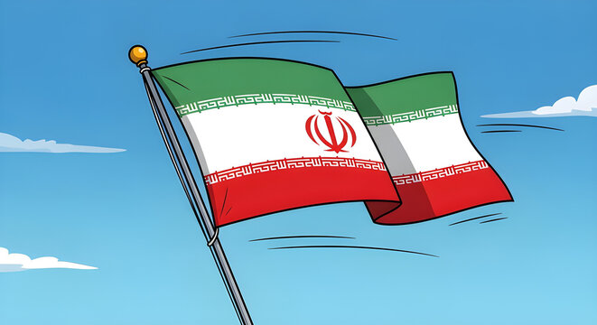 National flag of Iran waving on a flagpole against a clear blue sky with white clouds in cartoon illustration style