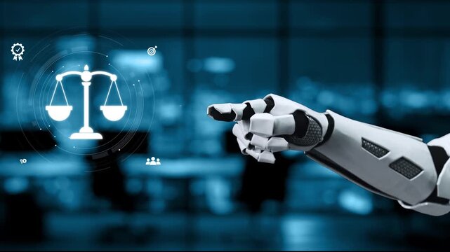 A robotic hand points at digital icons of justice scales, symbolizing the intersection of technology, law, and ethics in a contemporary business environment. Synapse