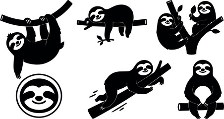Obraz premium Minimal flat design sloth silhouettes hanging climbing and resting on tree branches set of playful vector icons black white cute