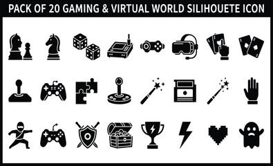 Pack of 20 Gaming and Virtual World Silhouette Icons Set for Modern Digital Design Projects © MdRejaul