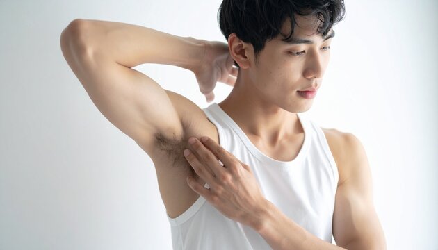 メンズ脱毛・ビフォー　脱毛前の脇のクローズアップ　タンクトップ姿の若い筋肉質な男性　ボディケア・美容