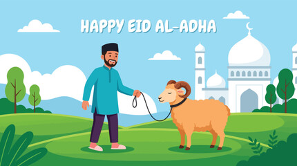 Naklejka premium Happy Eid Al Adha illustration man leading a sheep near mosque