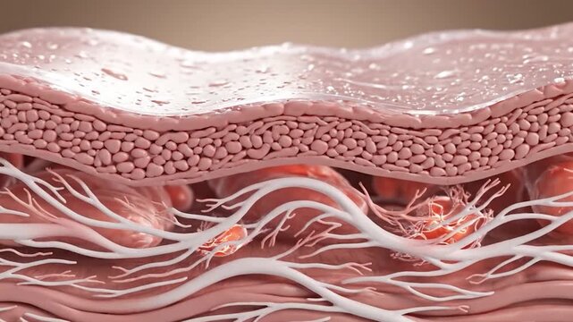 Detailed cross-section of human skin layers showing hydration and underlying