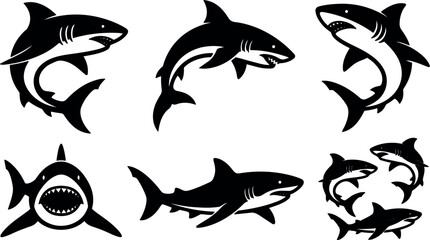 Obraz premium Flat design silhouette shark vector set showing six black sharks in various swimming poses side view ocean aggressive minimal