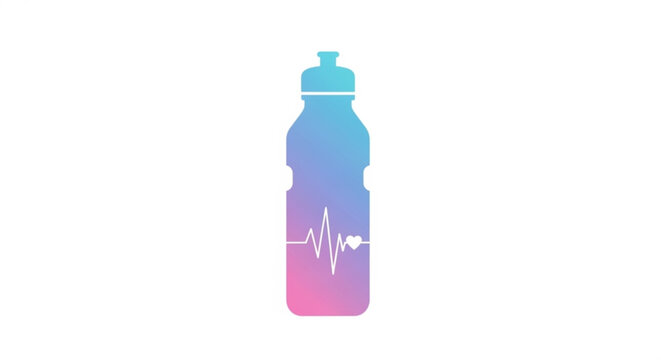 Colorful water bottle with heartbeat line on a plain background for health and fitness concepts