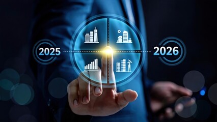 Businessman comparing annual performance targets for 2025 and 2026 on virtual dashboard,strategic corporate growth planning and financial forecast concept