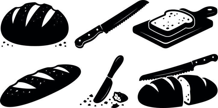 Minimalist line art top view bread set with loaf baguette knife cutting board crumbs rustic kitchen vector illustration black white